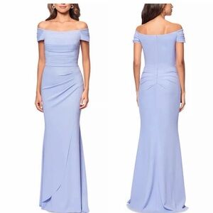 Xscape Dani Corset Bridesmaid Ruched Off Shoulder Maxi Dress Light Blue sz 6 NWT